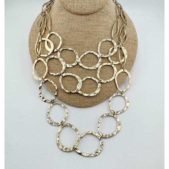 Vintage Hammered Circle Multistrand Necklace Texture Retro Spherical Modernist - Picture 2 of 10